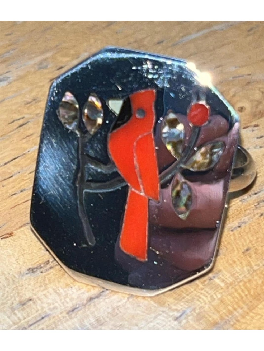 Zuni cluster coral cardinal multi stone sterling silver inlay ring size 13